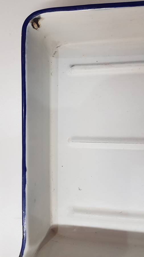 Vintage Enamel White with Blue trim Tray with lip for Photography.