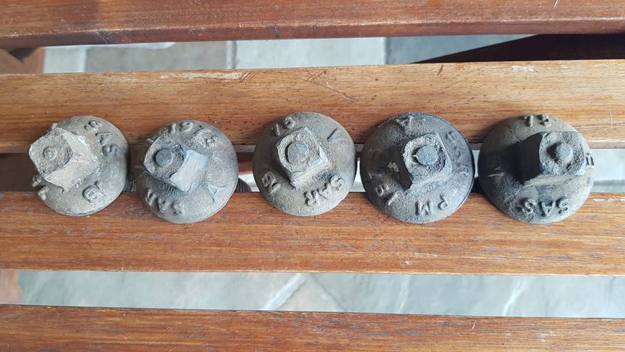 Vintage Railway Sleeper Bolts  Mixed Set of x 5 1975 SAR/SAS A & B Sleeper bolts. 2x are marked SAR