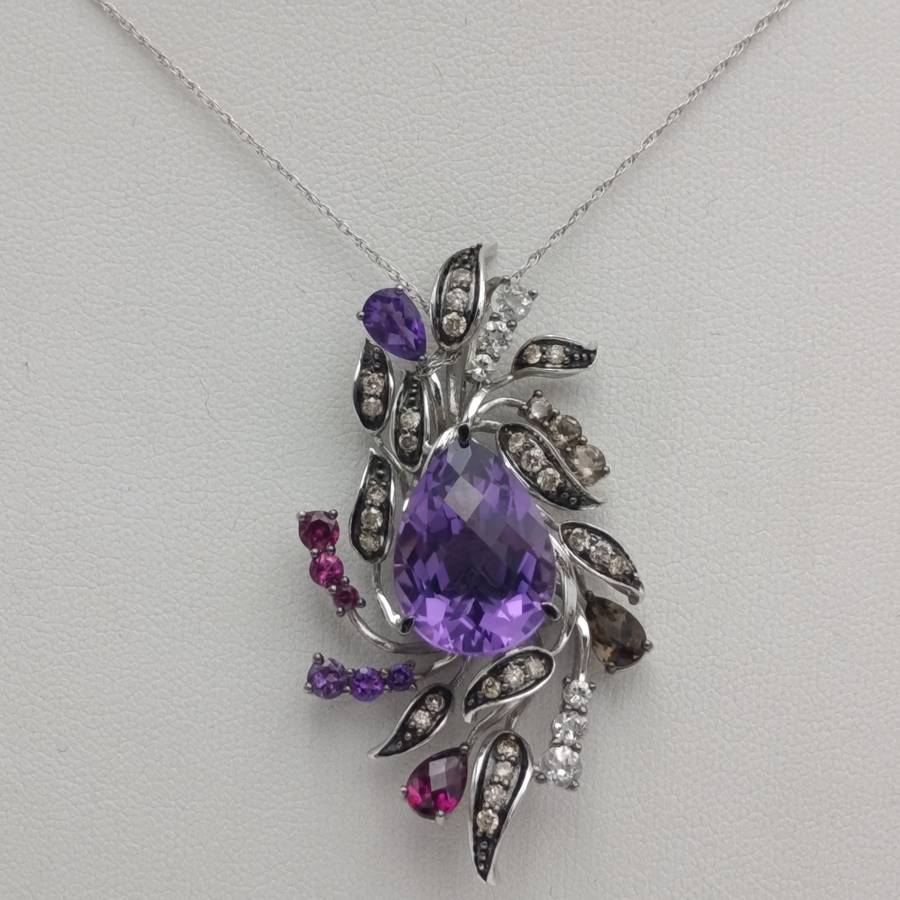 14kt white gold Amethyst necklace and pendant set with earrings - including diamonds, and quartz
