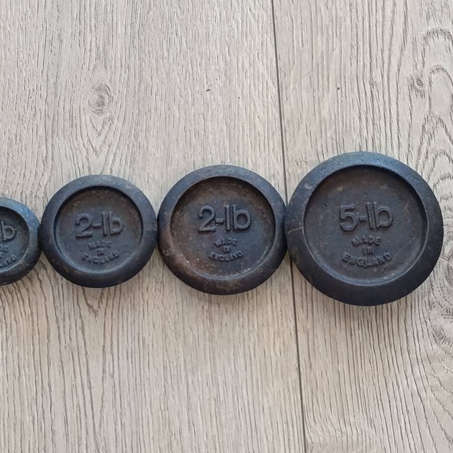 Full set of 10 Antique Scale weights - 1/4oz to 5 pounds - brass and cast iron