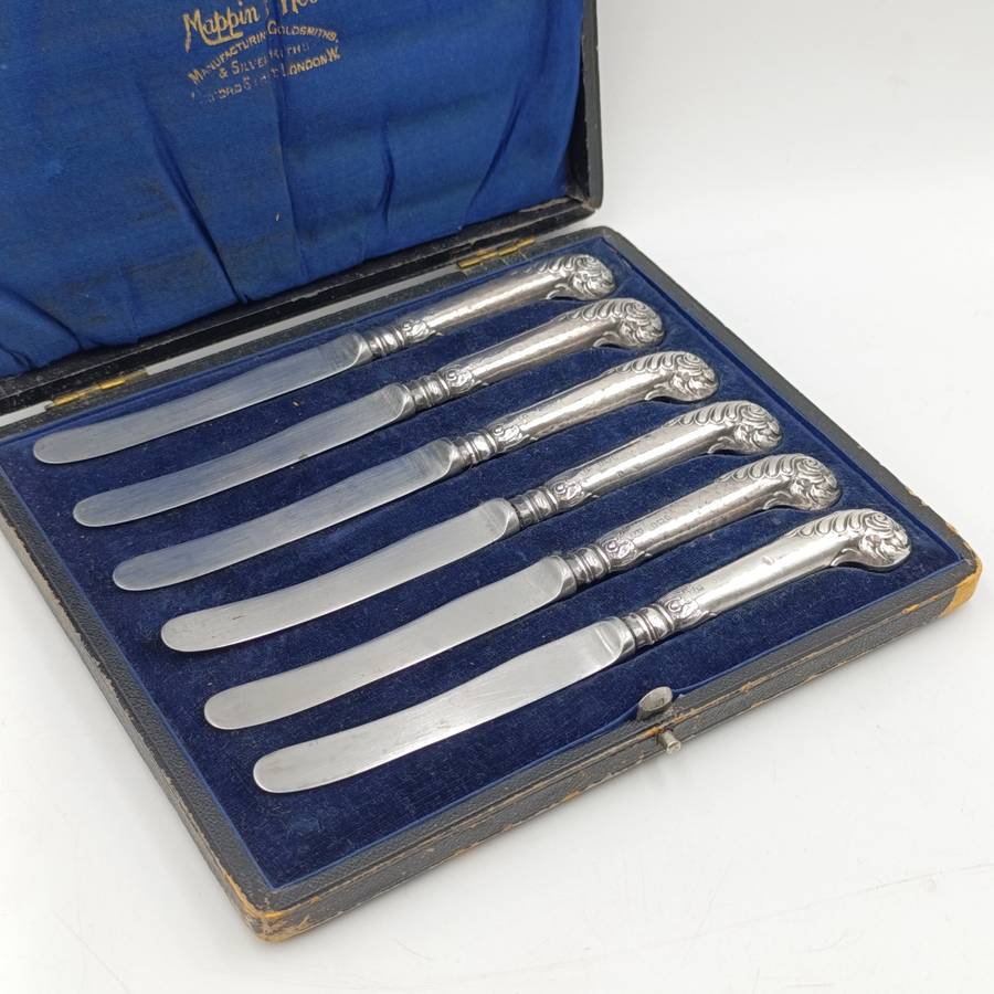 Set of 6 Antique Mappin and WEBB knives with hallmarked silver handles
