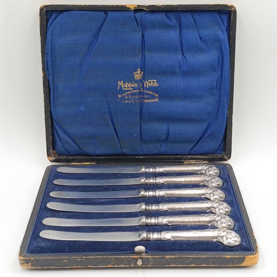 Set of 6 Antique Mappin and WEBB knives with hallmarked silver handles
