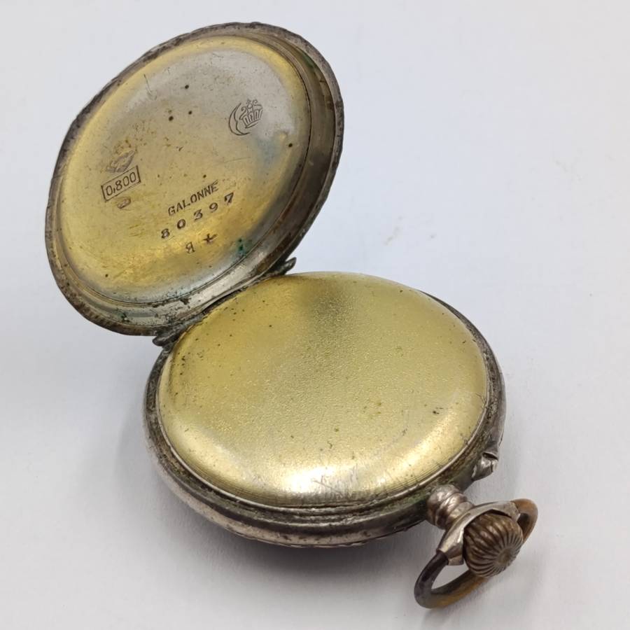 Antique 800 Silver ladies pocketwatch with gold decoration - runs and stops