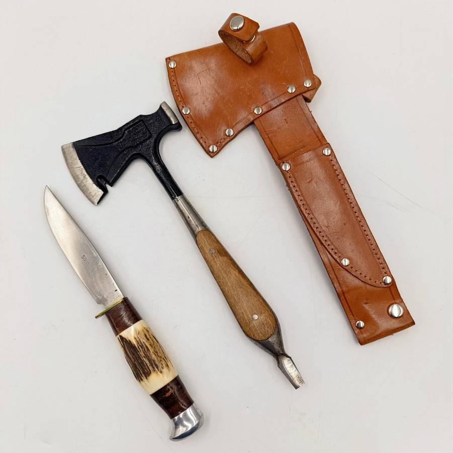 Vintage Matador Solingen hunting dagger and hatchet in original leather pouch