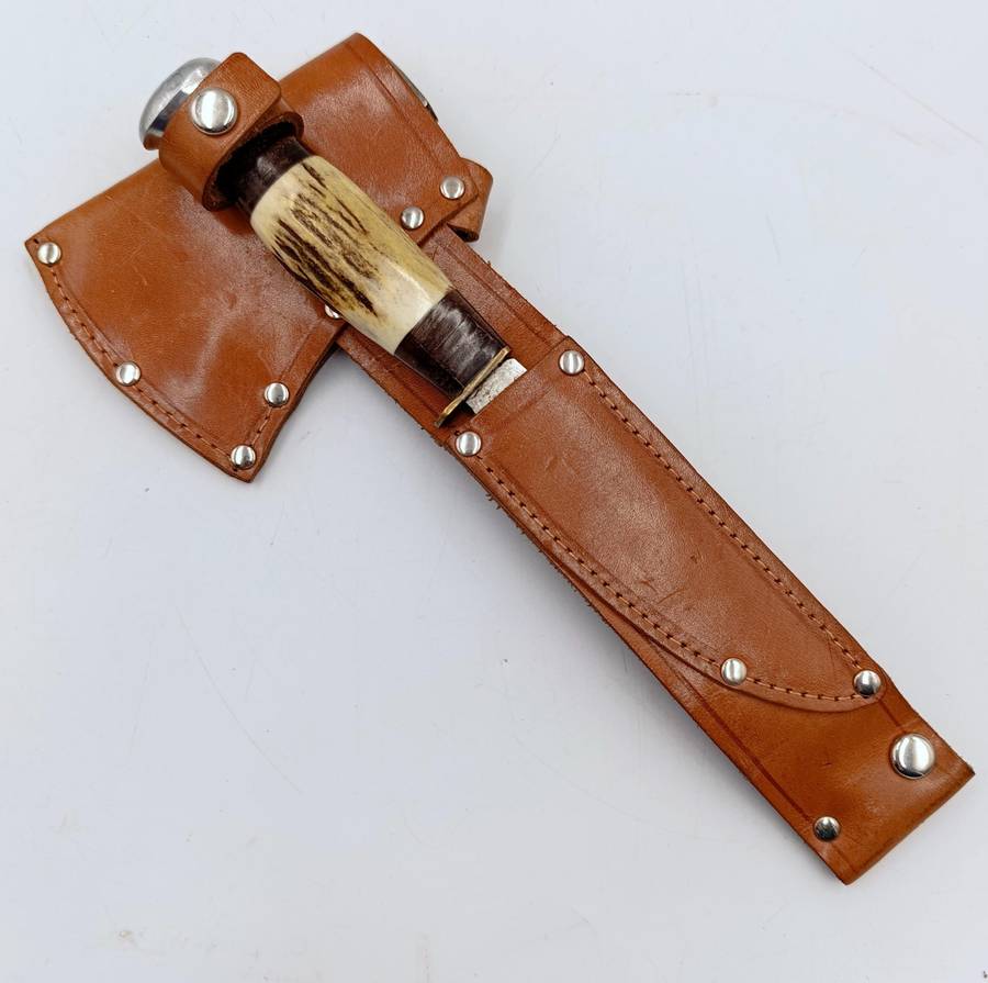 Vintage Matador Solingen hunting dagger and hatchet in original leather pouch
