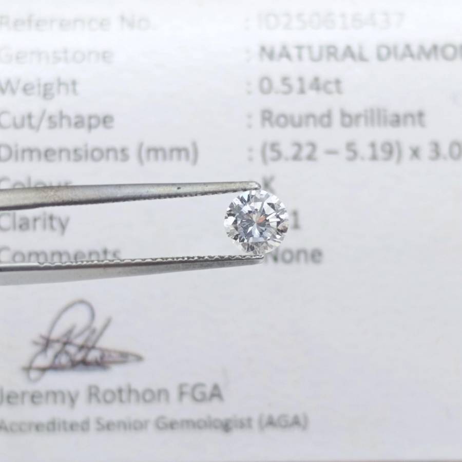 Natural Round Brilliant diamond of 0,514ct - Colour K, clarity SI1 - with GEMLAB certificate