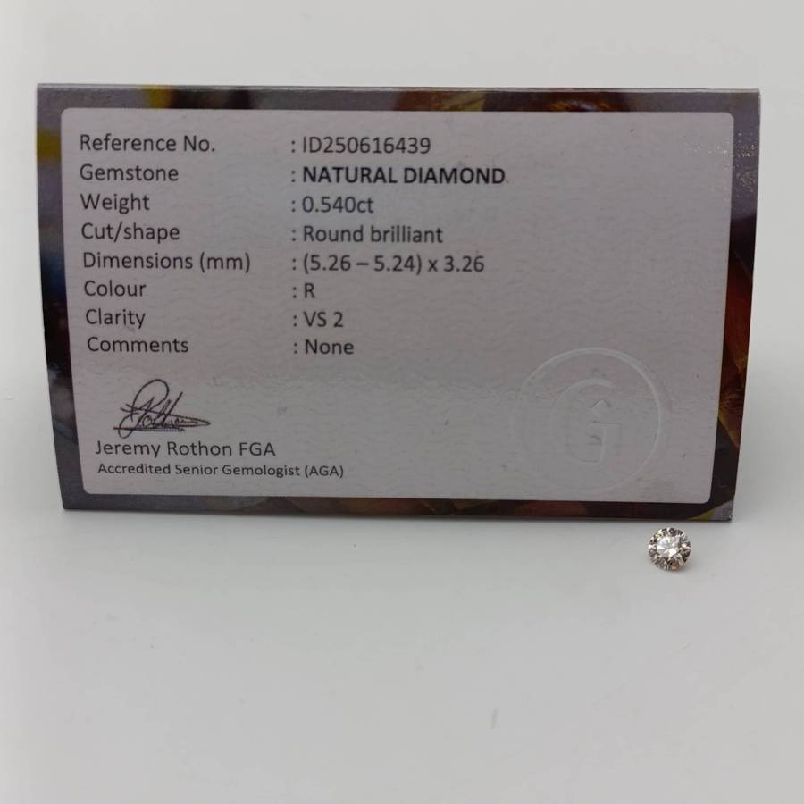 Natural Round Brilliant diamond of 0.54 ct - color R, Clarity VS2 - with GEMLAB certificate