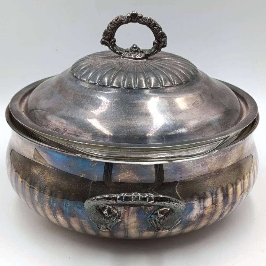 Vintage silverplated serving bowl with Pyrex glass inner and lid