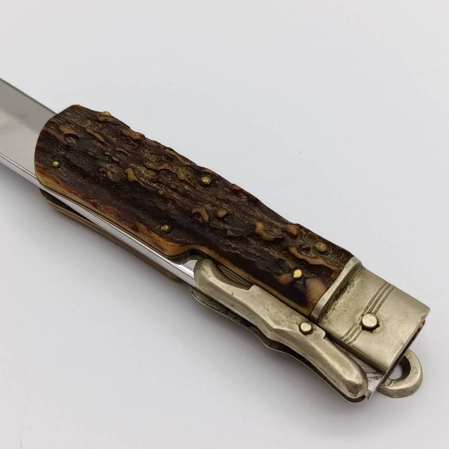 Vintage Anton Wingen Jr Stag horn folding hunting knife with leather pouch