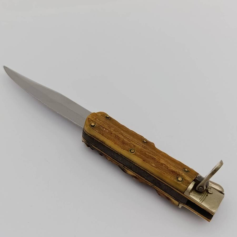 Vintage Anton Wingen Jr Stag horn folding hunting knife with leather pouch