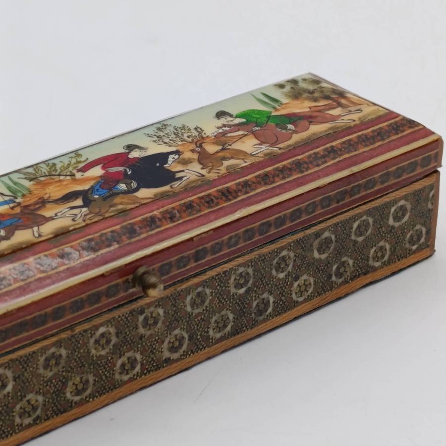 Vintage Persian Khatam-Kari trinket box with bottle scene
