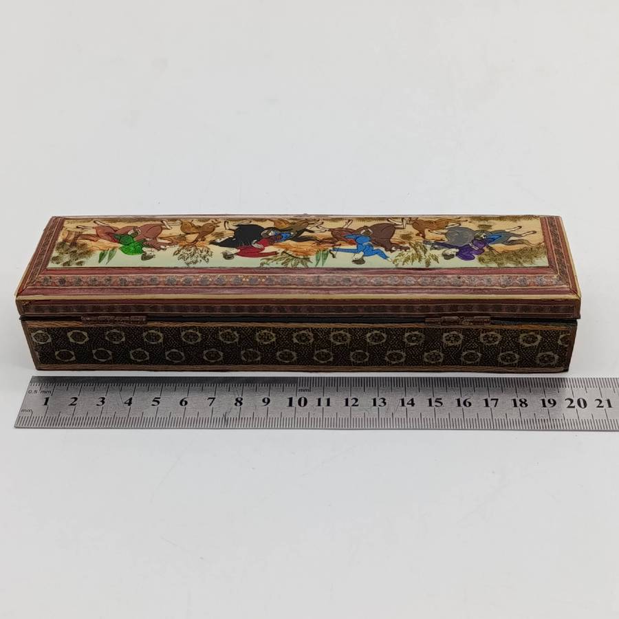 Vintage Persian Khatam-Kari trinket box with bottle scene