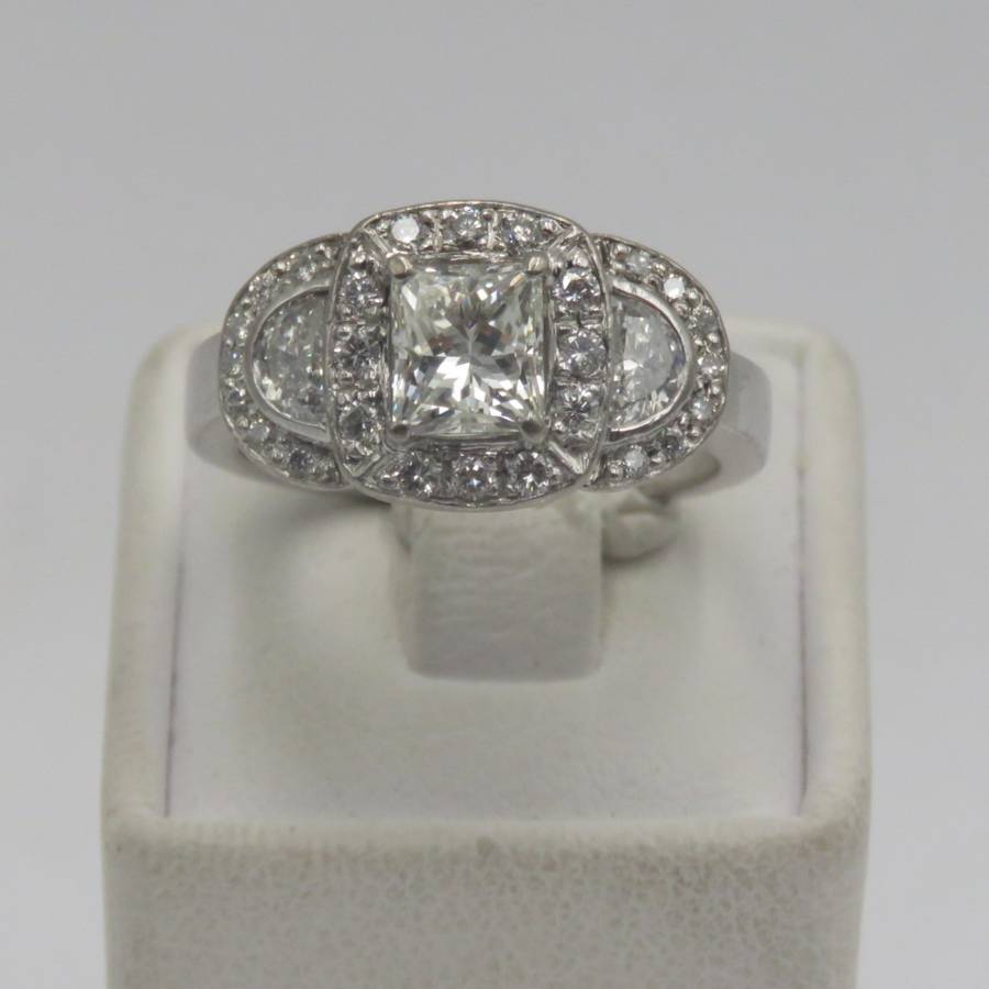 Bespoke 9kt white gold diamond ring with 1,09ct Princess cut diamond with 2 x colour D/E half moon