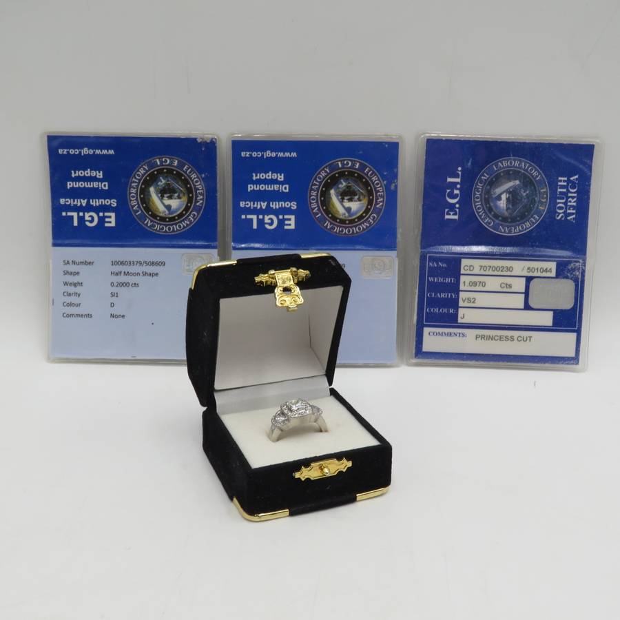 Bespoke 9kt white gold diamond ring with 1,09ct Princess cut diamond with 2 x colour D/E half moon