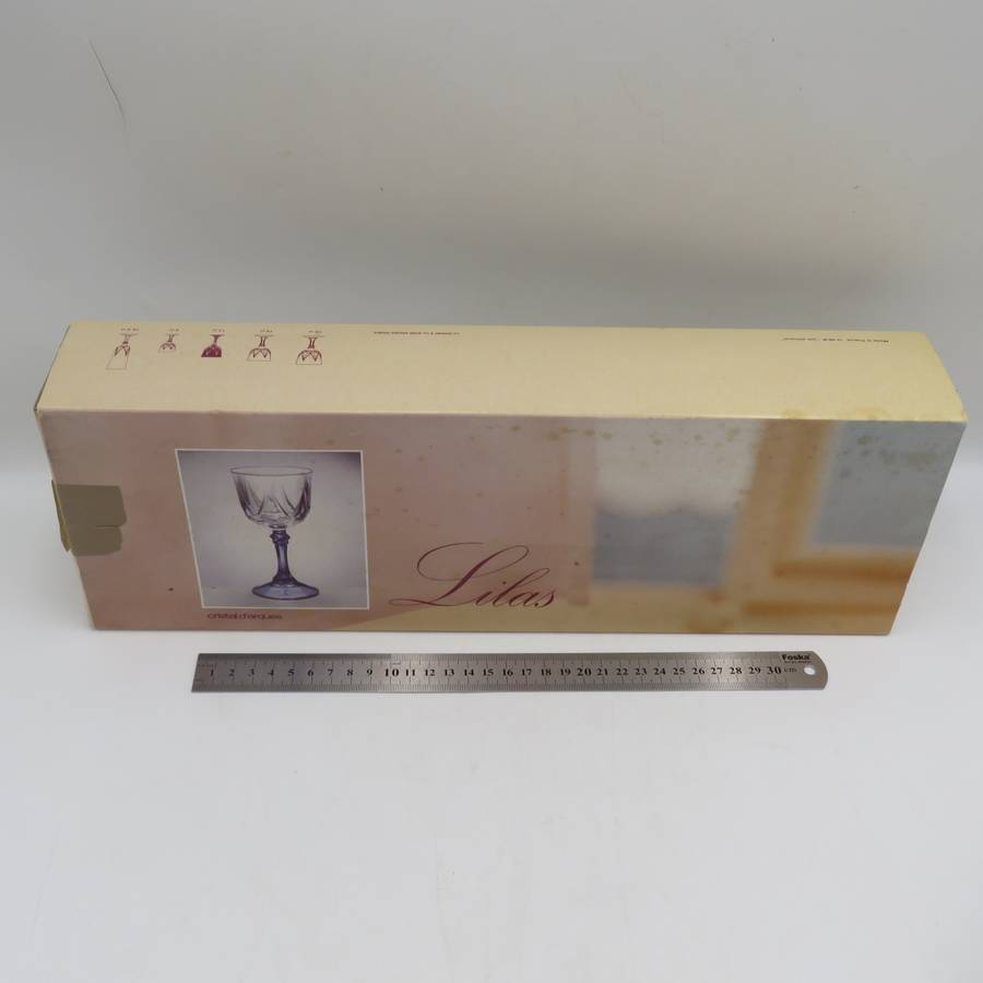 Set of 6 vintage Lilas crystal glasses in box