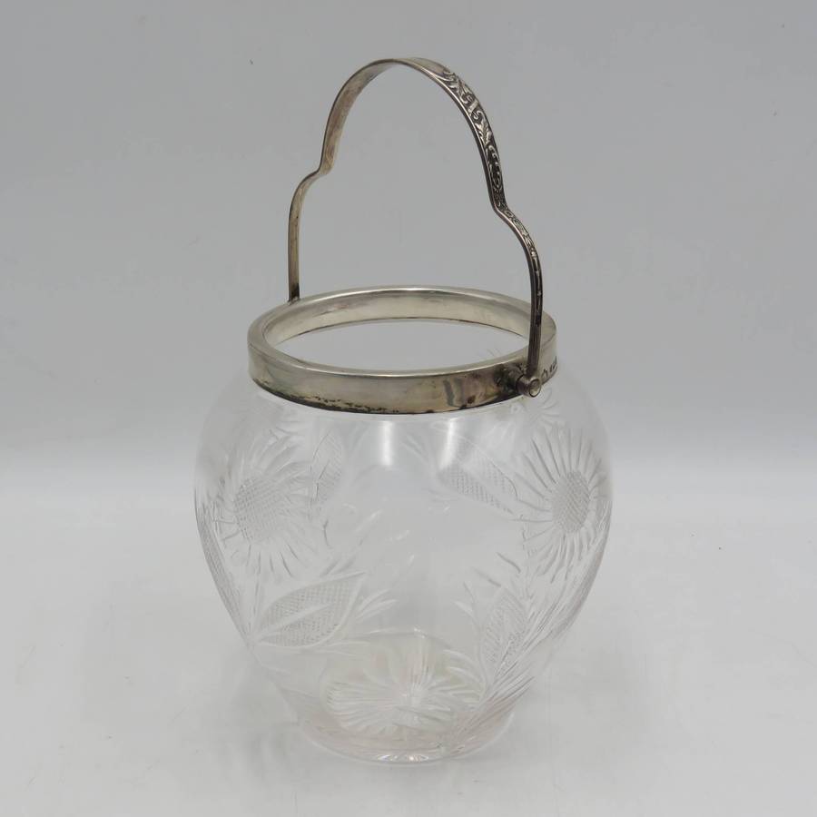 Antique Crystal cookie jar with 1907 Hallmarked silver trim and handle