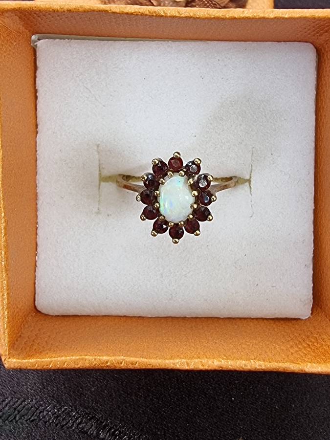 Dazzling Vintage  Genuine "SUGAR OPAL" and Garnet Halo 9CT Yellow Gold. ( Genuine Gold.)