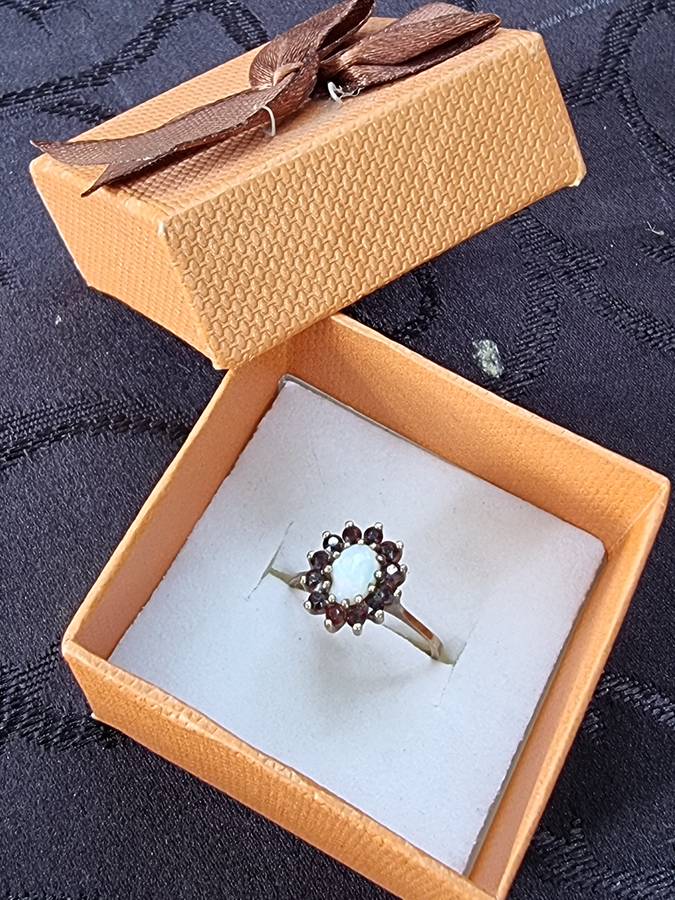 Dazzling Vintage  Genuine "SUGAR OPAL" and Garnet Halo 9CT Yellow Gold. ( Genuine Gold.)