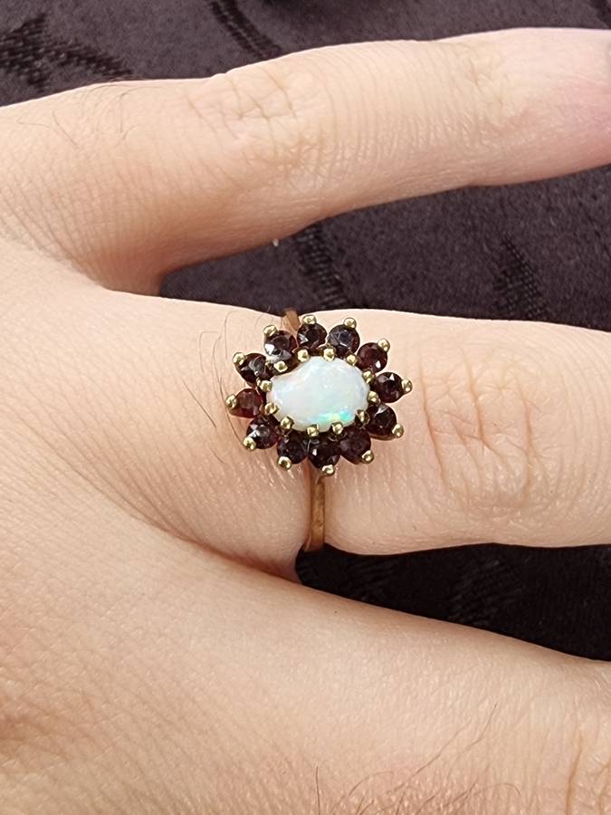 Dazzling Vintage  Genuine "SUGAR OPAL" and Garnet Halo 9CT Yellow Gold. ( Genuine Gold.)