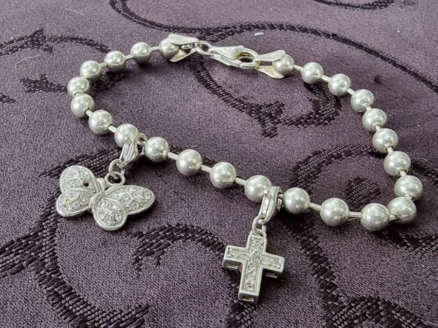 Design Ball Beaded Chain Bracelet with Cross & Butterfly Charm 925 Sterling Silver. ( Genuine Silver