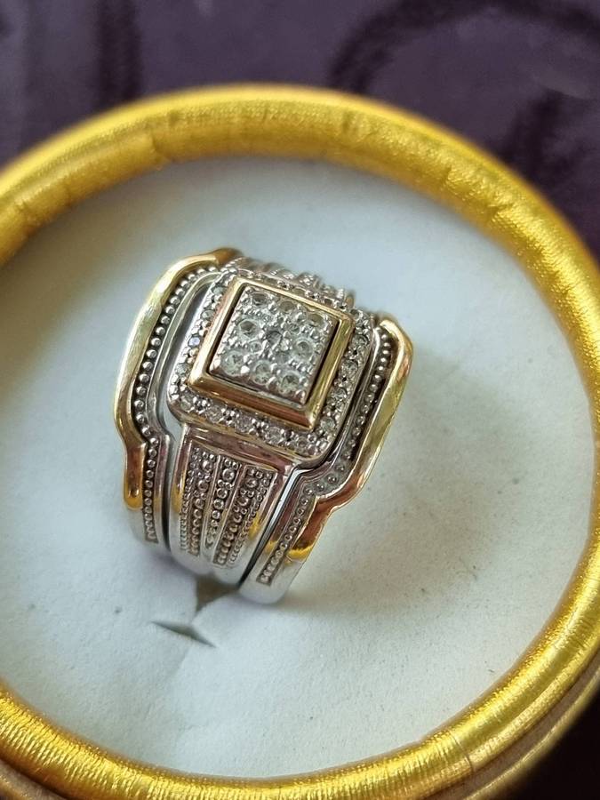 Gold & Silver Combination Opulence Ring,  Set With 1 Carat White Sapphires \Genuine Gold and Silver,