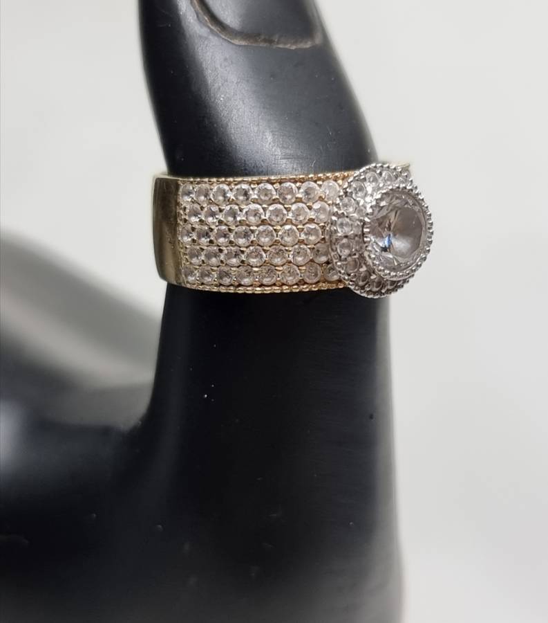 "Round Halo" 0.38 Carat "NATURAL DIAMOND" Head with Wide Pave CZ Band Set In 9CT Yellow Gold.