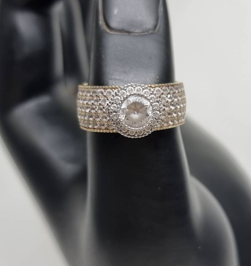 "Round Halo" 0.38 Carat "NATURAL DIAMOND" Head with Wide Pave CZ Band Set In 9CT Yellow Gold.