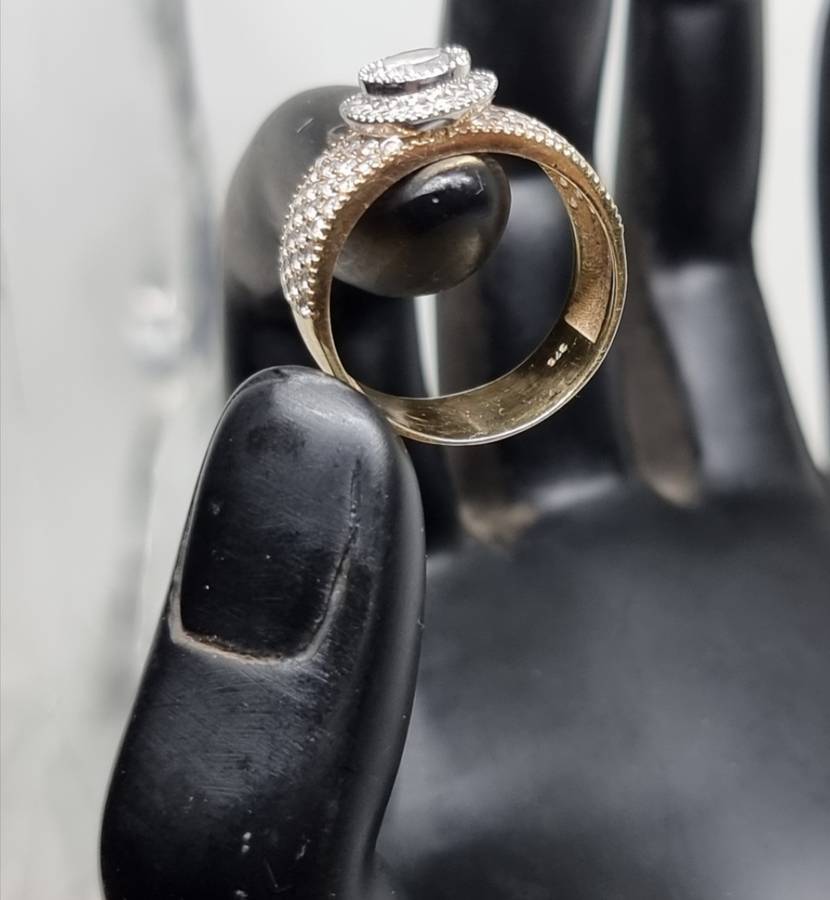 "Round Halo" 0.38 Carat "NATURAL DIAMOND" Head with Wide Pave CZ Band Set In 9CT Yellow Gold.