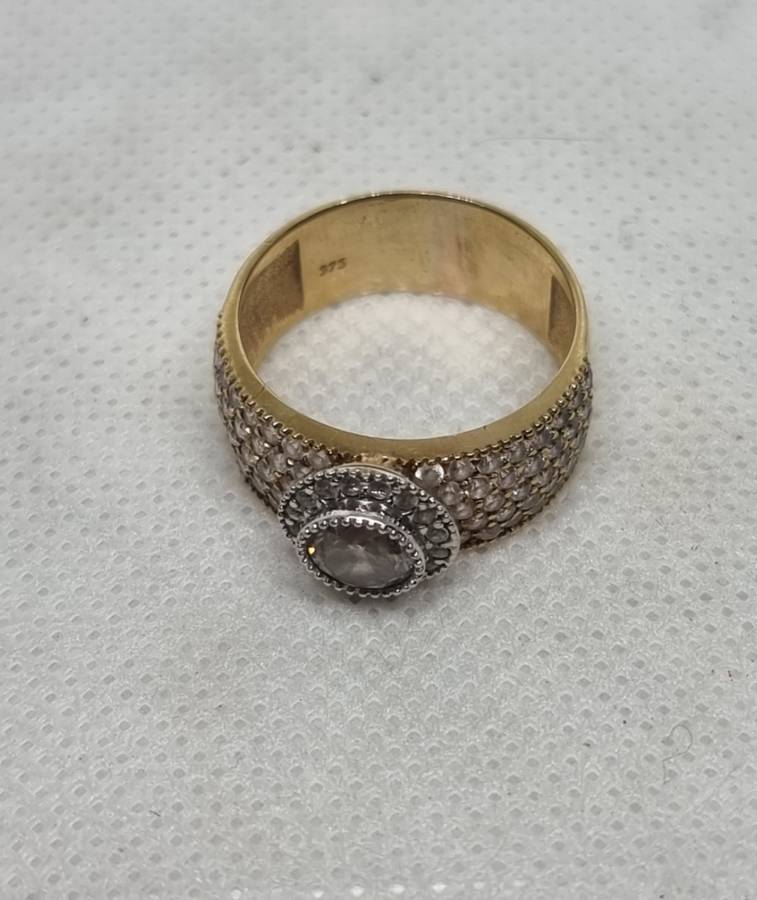 "Round Halo" 0.38 Carat "NATURAL DIAMOND" Head with Wide Pave CZ Band Set In 9CT Yellow Gold.