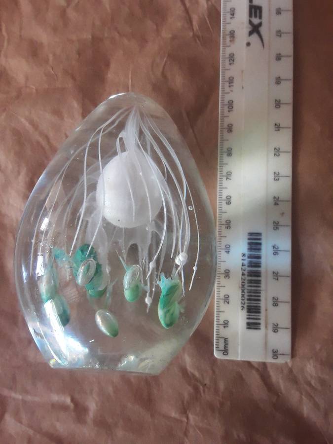 Glass paperweight green and white  pattern look at pics please