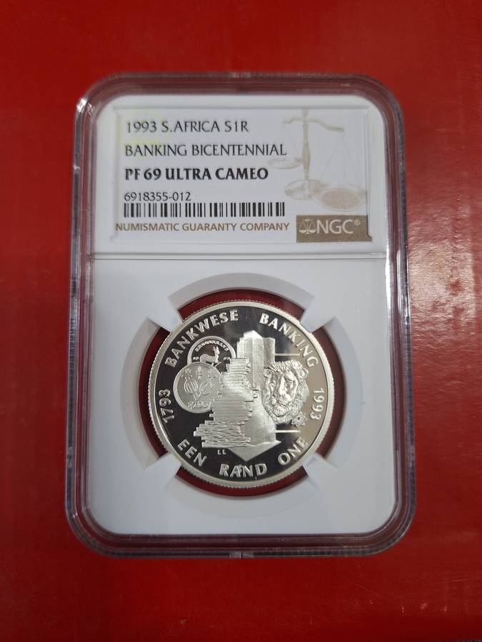 1993 SOUTH AFRICAN SILVER R1  - BANKING BICENTENNIAL PF69 ULTRA CAMEO