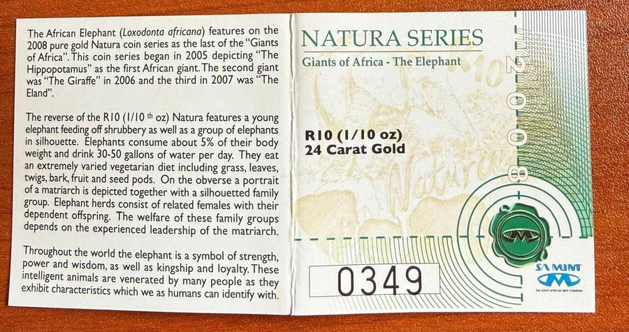 Gold 24ct Tenth oz R10 - Natura Proof Coin - Elephant 2008 - mintage 776 with certificate