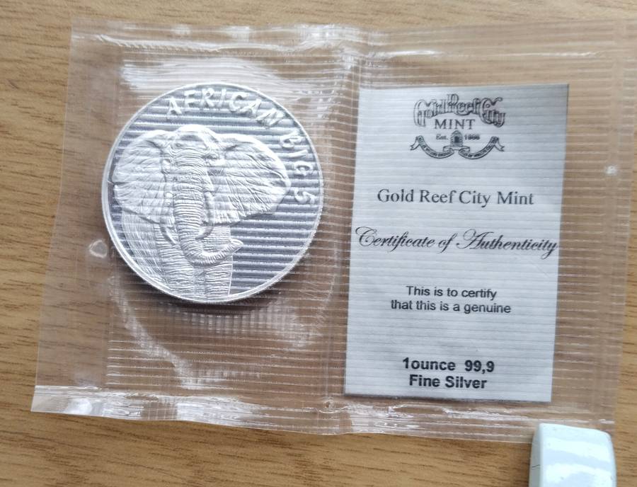 South Africa big 5 Elephant 1 OZ .999 Silver Gold Reef city bullion coin.