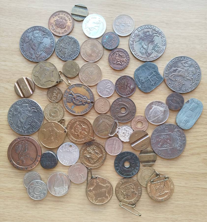 Collection of old coins, medals and tokens.