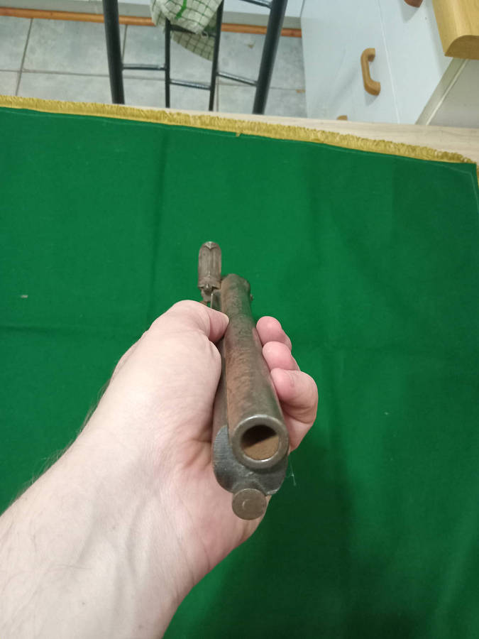 Antique flint lock pistol, original, made from solid heavy wood