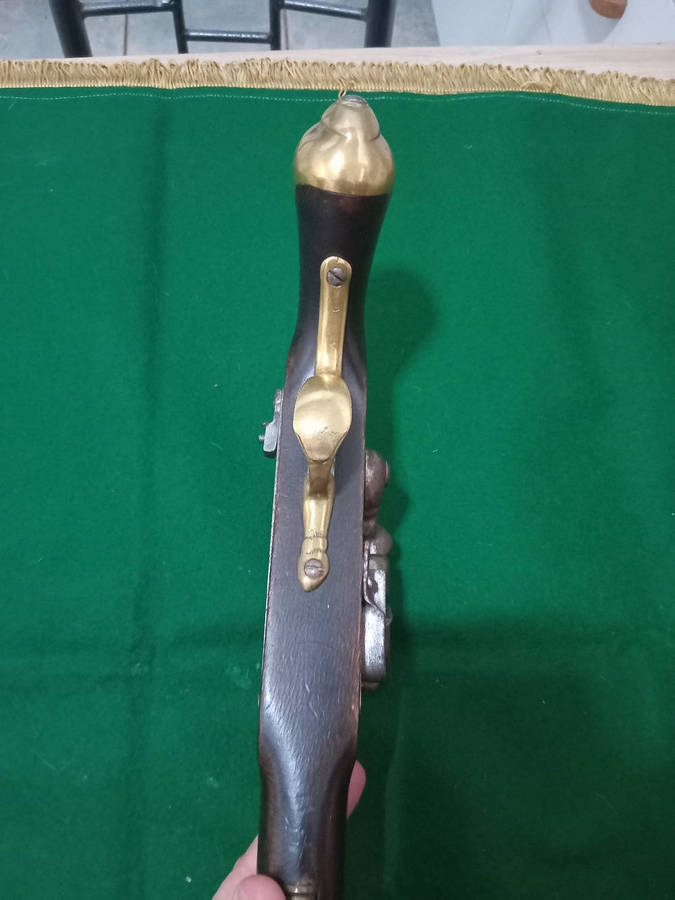 Antique flint lock pistol, original, made from solid heavy wood