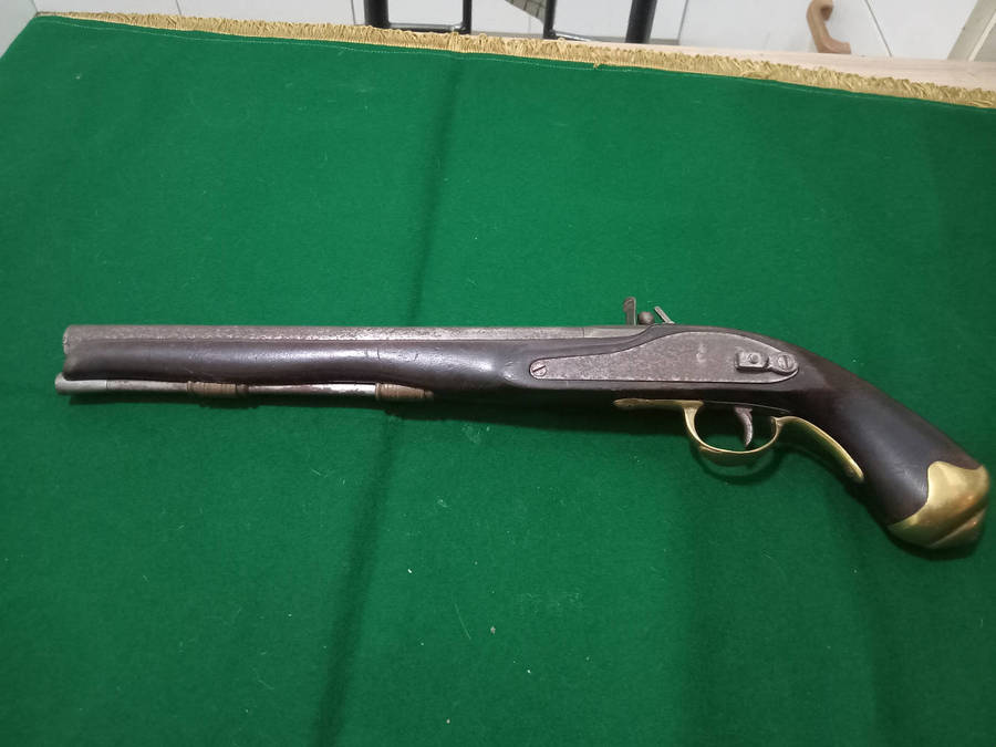 Antique flint lock pistol, original, made from solid heavy wood