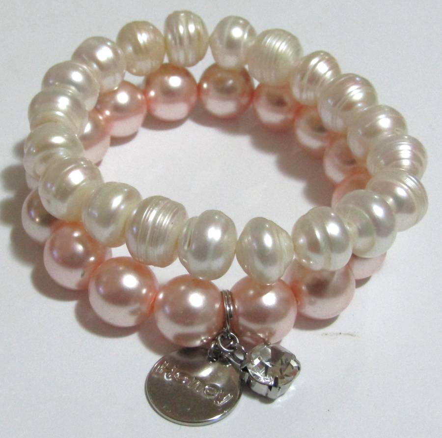 Pair of Vintage Pearl Stretch Bracelets - Natural Freshwater & Faux Pink Pearl with Crystal Charm