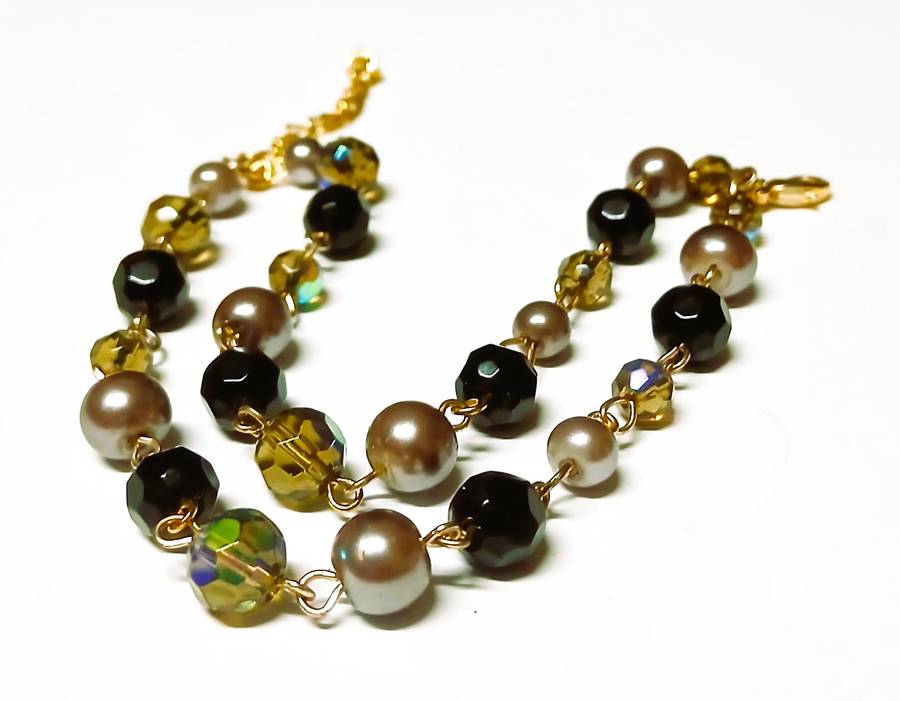 1980s LDADPR French Gold Tone Bracelet  Double Strand with Aurora Borealis and Faux Pearls
