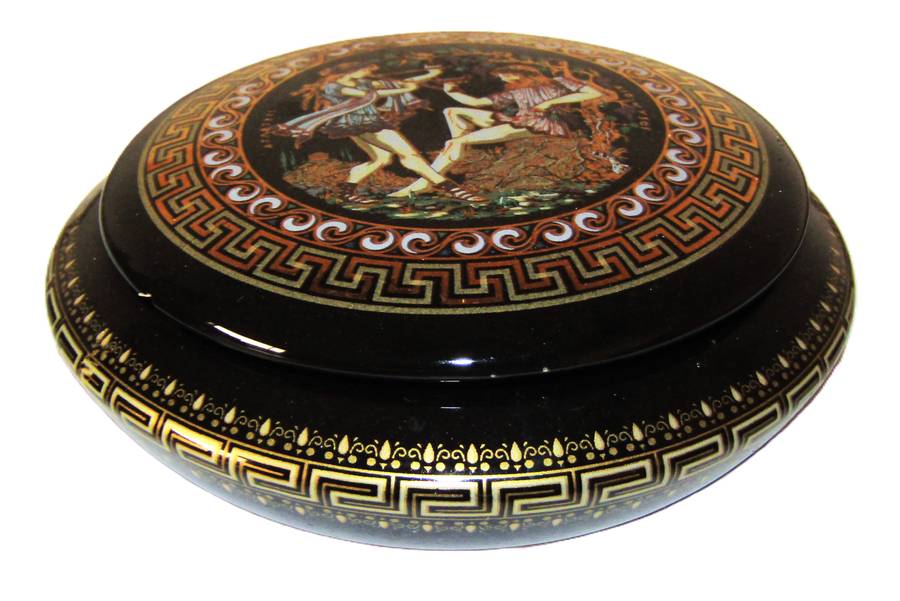 Vintage Black Glazed Porcelain Trinket Box with 24K Gold Decor  Made in Greece by Adis