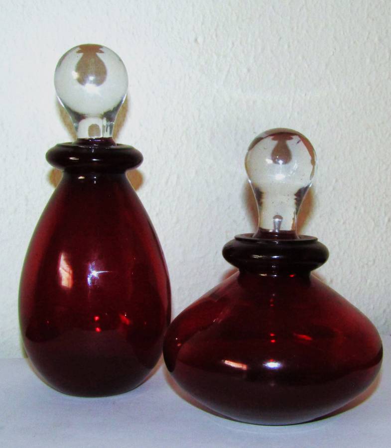 Set of Two Vintage Ruby Red Hand Blown Glass Perfume Bottles with Clear Stoppers (c. 1970)