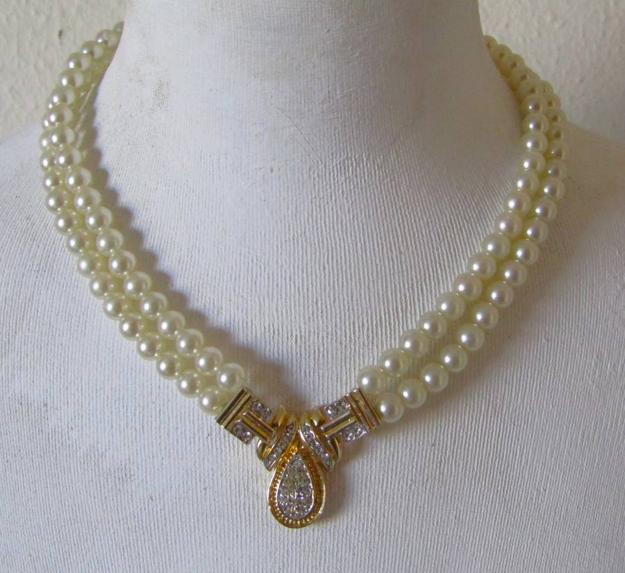 Vintage Double Strand Faux Pearl Necklace with Gold Plated and Clear Rhinestone Art Deco Pendant