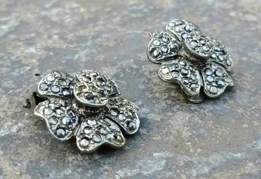 Vintage Silver-Tone Floral Marcasite Clip-On Earrings