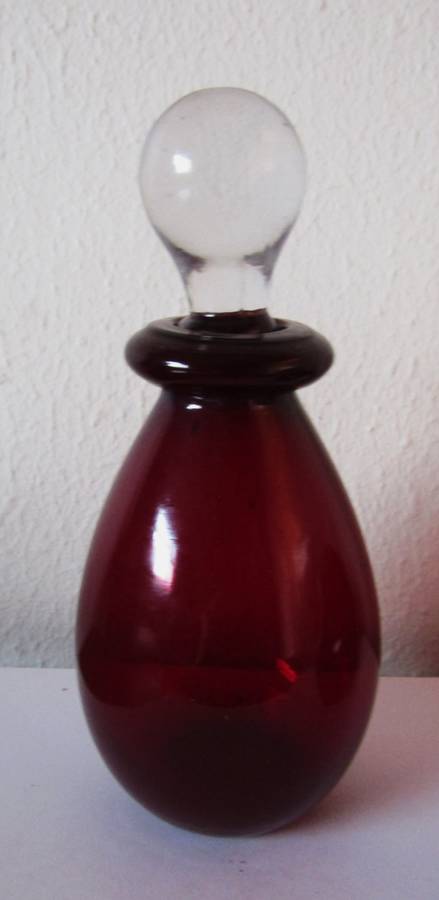 Set of Two Vintage Ruby Red Hand Blown Glass Perfume Bottles with Clear Stoppers (c. 1970)
