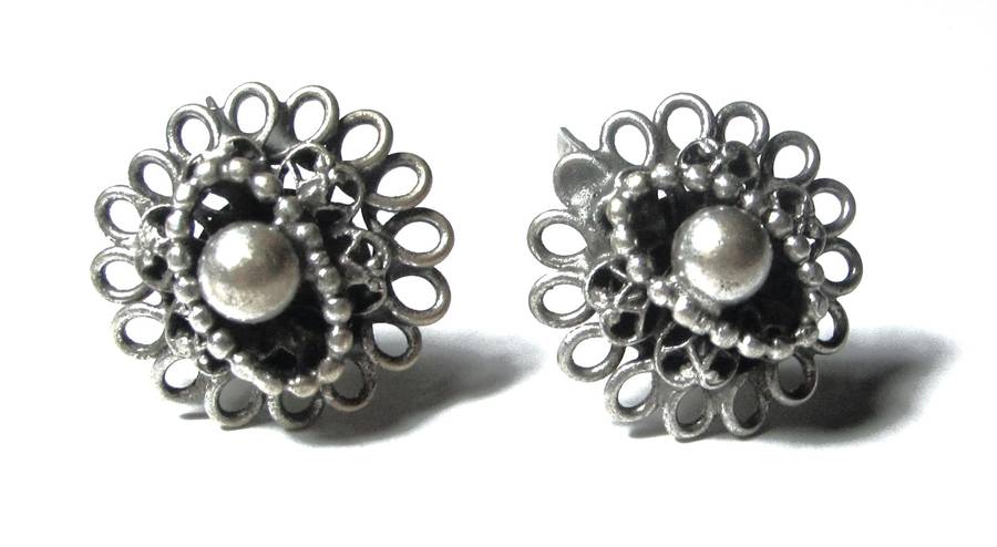 Antique Silver Plated Brass Etruscan Screw Back Earrings