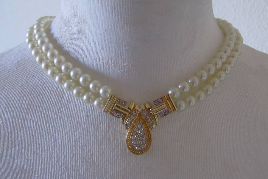 Vintage Double Strand Faux Pearl Necklace with Gold Plated and Clear Rhinestone Art Deco Pendant