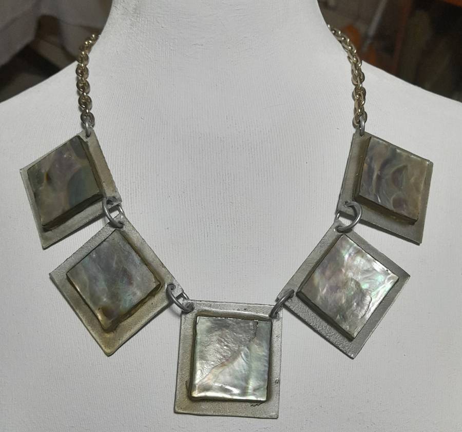 Vintage Hand-Crafted Silver-Tone Mother of Pearl Necklace and Bracelet Set
