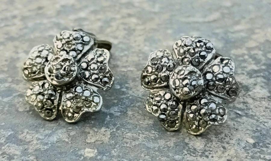 Vintage Silver-Tone Floral Marcasite Clip-On Earrings