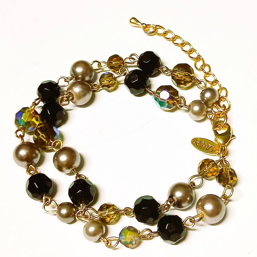 1980s LDADPR French Gold Tone Bracelet  Double Strand with Aurora Borealis and Faux Pearls