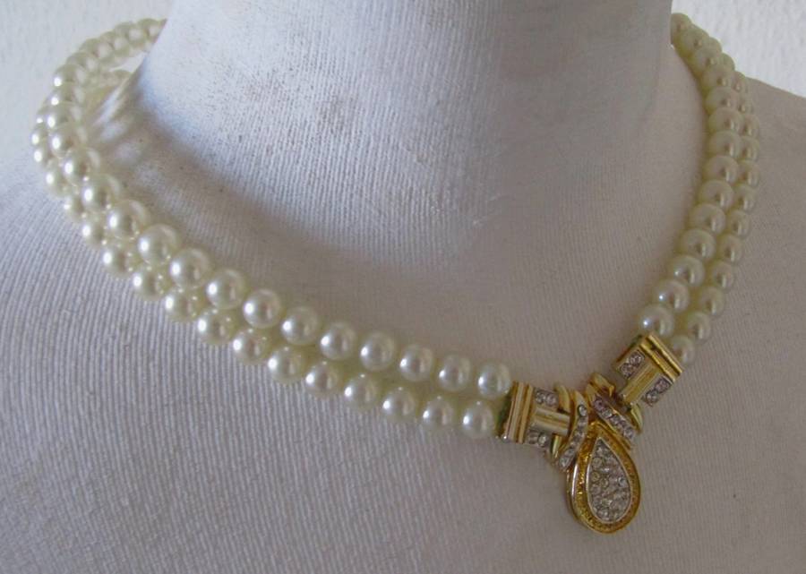Vintage Double Strand Faux Pearl Necklace with Gold Plated and Clear Rhinestone Art Deco Pendant